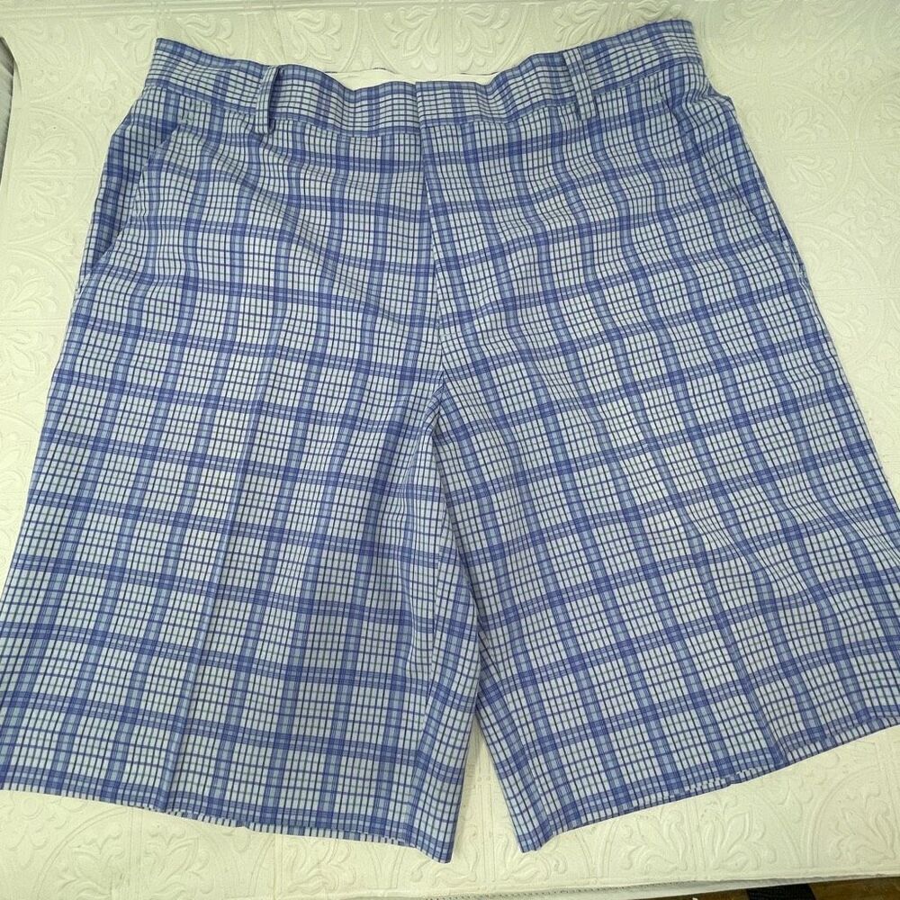 Nike Tiger Woods Collection Blue White Plaid Flat Front Golf Shorts Size 34